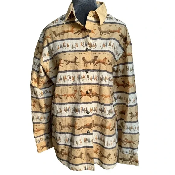 Wrangler Western Wear Cotton Long Sleeve Shirt‎ L Wolf Fox Cowgirl Horsegirl - Picture 3 of 16
